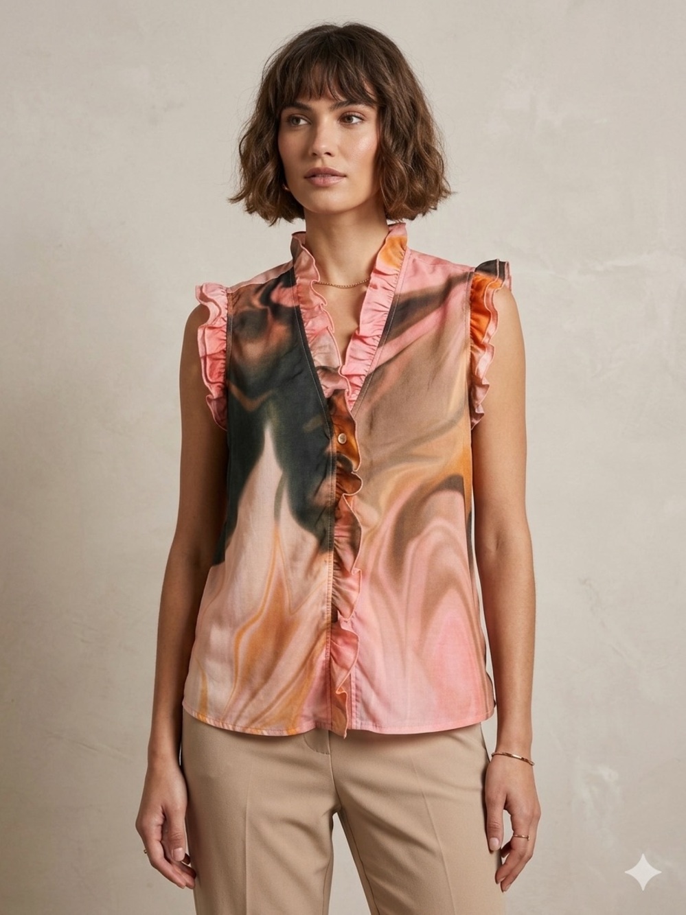 Finley Marble-Print Ruffle Sleeveless Blouse in Pink and Orange - small